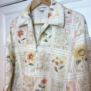 Alfred Dunner Womens 8 M Floral Zip Lightweight Jacket Cream Tan Cottage Grandma